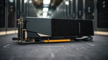 Antistatik mat üzerinde duran uzun veri merkezi yapay zekâ hızlandırıcı kartı; AMD'nin World Labs hamlesinin donanım tarafı (Temsili görsel)