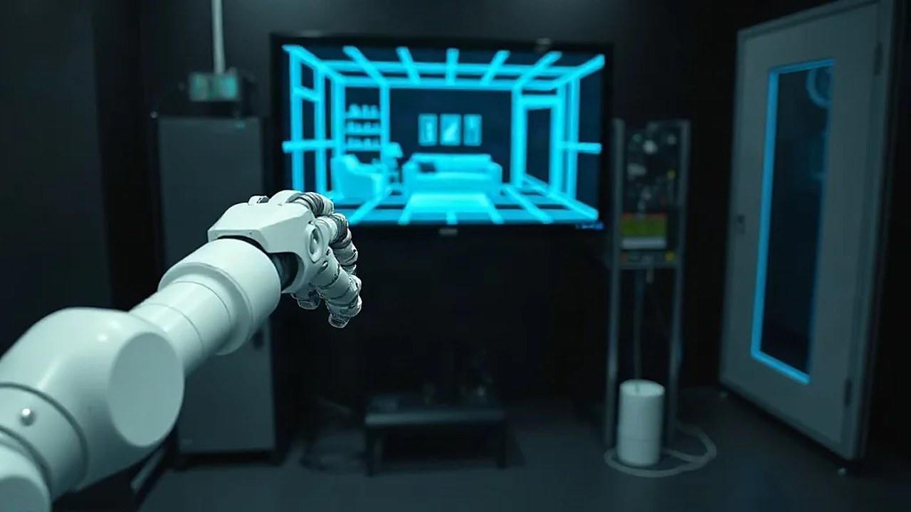 Robot kolun önündeki monitörde 3 boyutlu nokta bulutu görüntüsü; World Labs dünya modelinin ürettiği ortam (Temsili görsel)