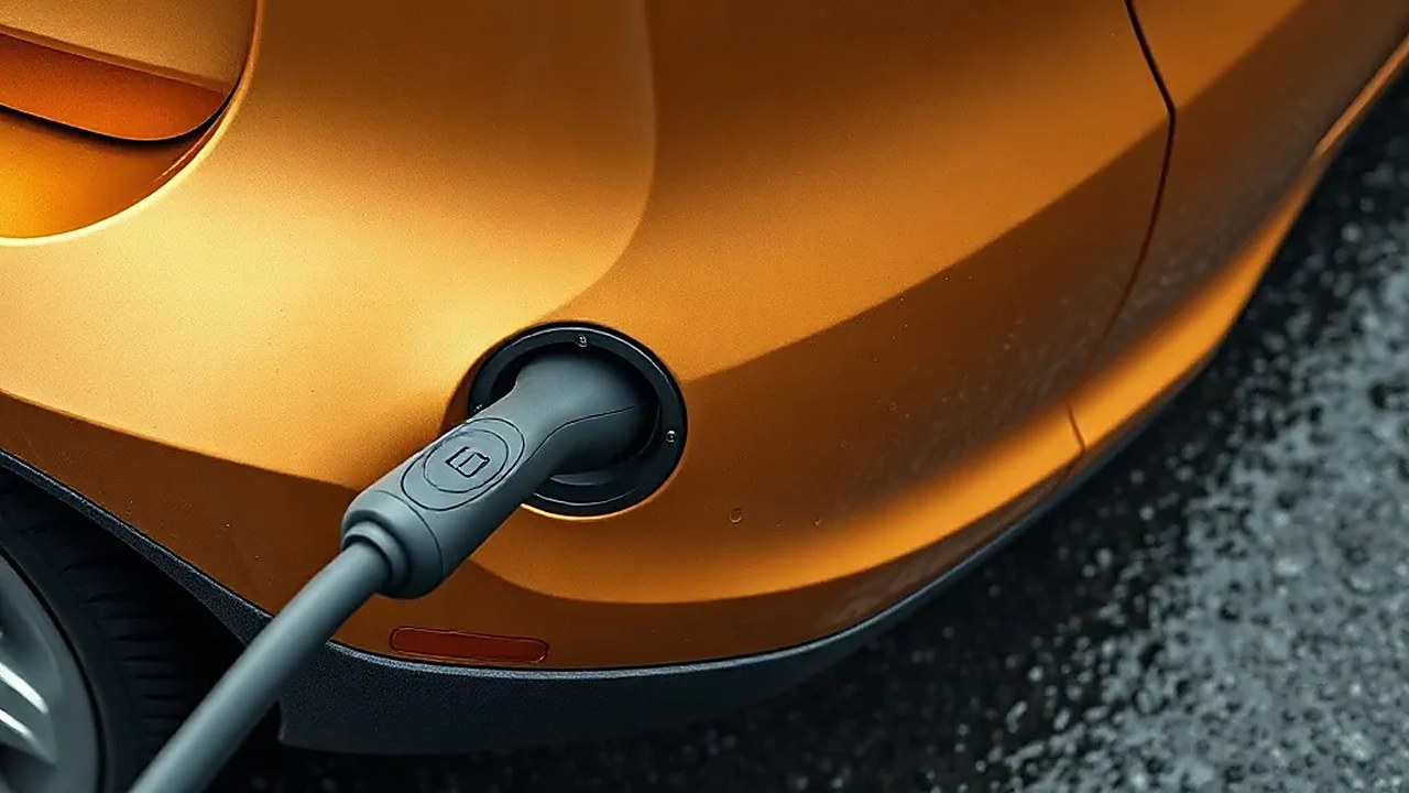 Altın renkli gövdenin arka çamurluğundaki şarj soketine takılı kablo ve su damlaları; Hyundai Ioniq V'nin 800 volt şarj girişi (Temsili görsel)