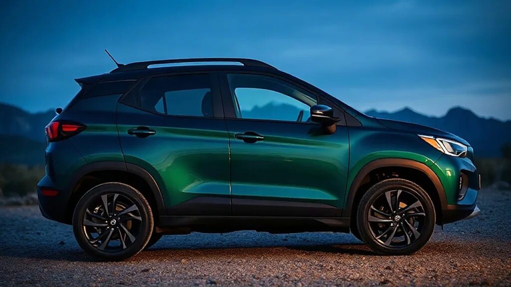Çakıl bir zeminde yan profilden görünen koyu yeşil kompakt elektrikli SUV; Rivian R3'ün kutu biçimli gövdesi, siyah tavanı ve siyah plastik çamurluk kaplamaları (Temsili görsel)