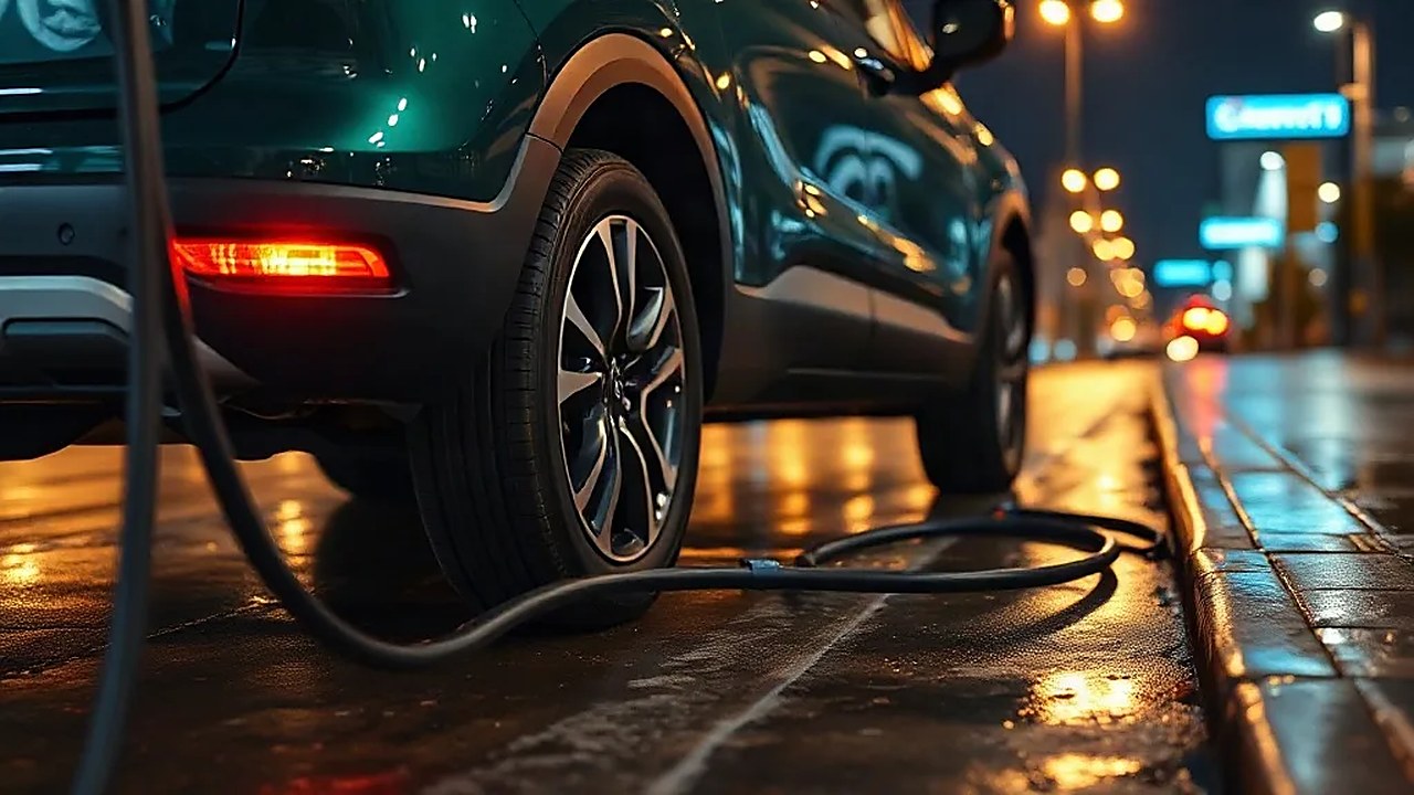 Gece şarj kablosunun uzandığı koyu yeşil kompakt elektrikli SUV'un arka tekerlek bölgesi; Rivian R3'ün siyah plastik kaplaması ve arka ışık detayı (Temsili görsel)