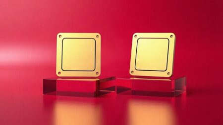 Snapdragon 8 Elite Extreme Gen 6 yongasını temsil eden altın çerçeveli kare çipler kırmızı platformlarda (Temsili görsel)