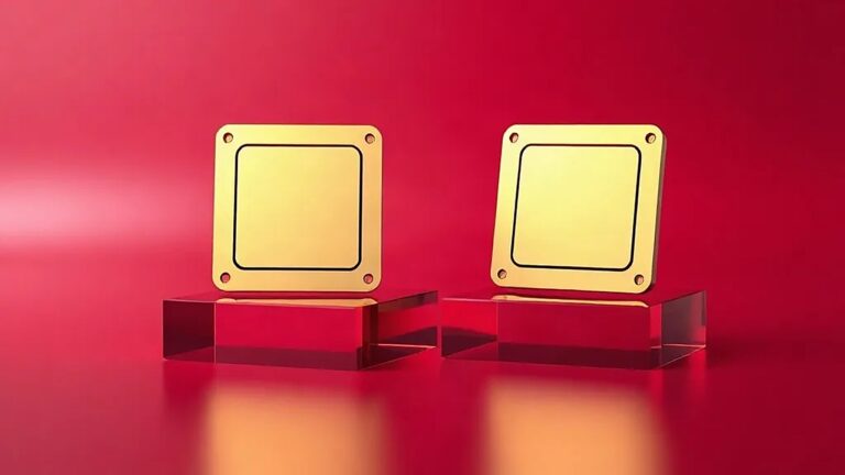 Snapdragon 8 Elite Extreme Gen 6 yongasını temsil eden altın çerçeveli kare çipler kırmızı platformlarda (Temsili görsel)