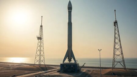 Starship roketi 28 Eylül’de yörüngeye çıkıyor Starship roketi, Starbase'deki rampasında çelik kuleyle gün doğumunda bekliyor. (Temsili görsel)