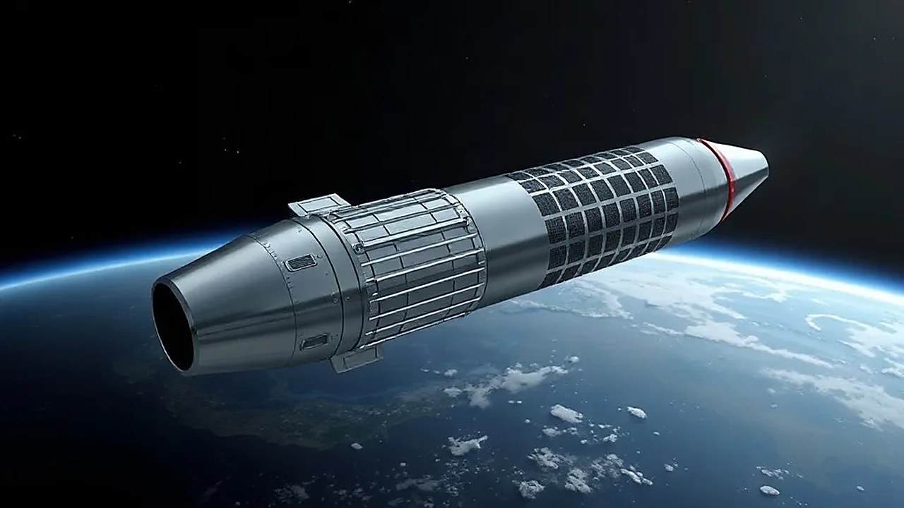 Starship roketinin üst kademesi yörüngede; gövdenin bir yarısı siyah ısı kalkanı karolarıyla kaplı. (Temsili görsel)