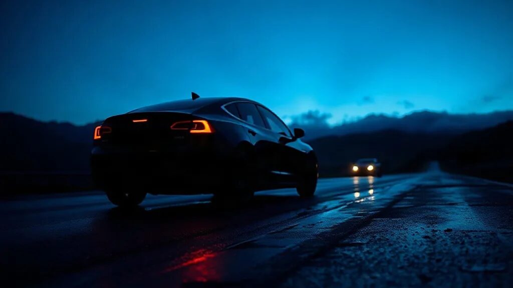 Tesla Full Self-Driving yazılımıyla ilerleyen elektrikli sedanın alacakaranlıkta ıslak otoyoldaki silueti (Temsili görsel)