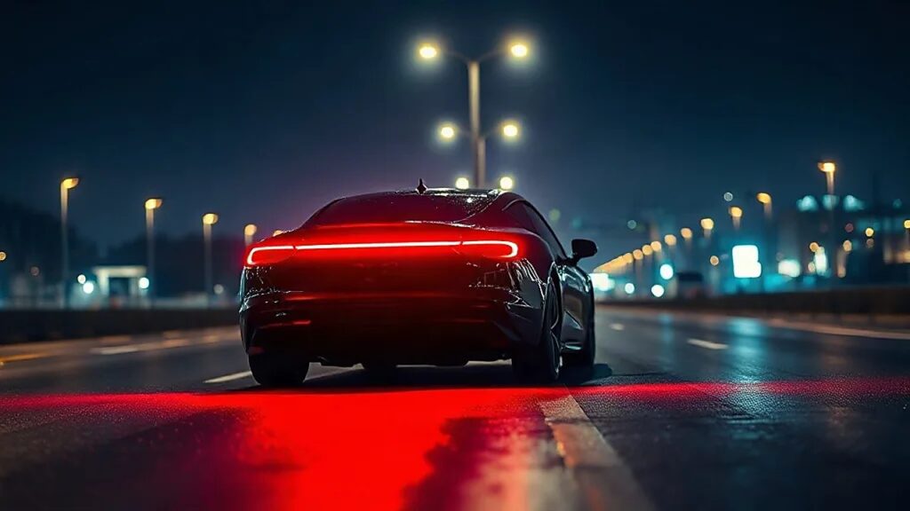 Tesla Roadster'ın arka görünümü: ıslak yolda uzanan kırmızı LED şerit (Temsili görsel)