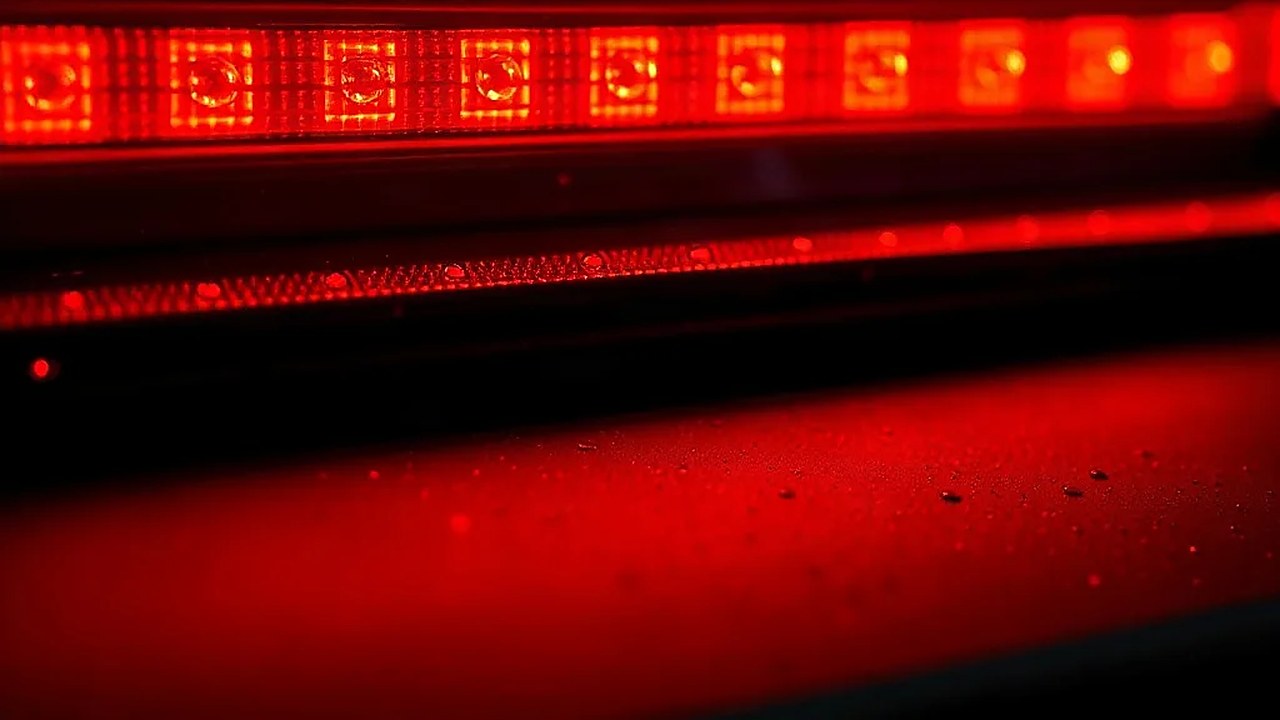 Tesla Roadster'ın kırmızı LED şeridinin su damlalarıyla kaplı yakın planı (Temsili görsel)