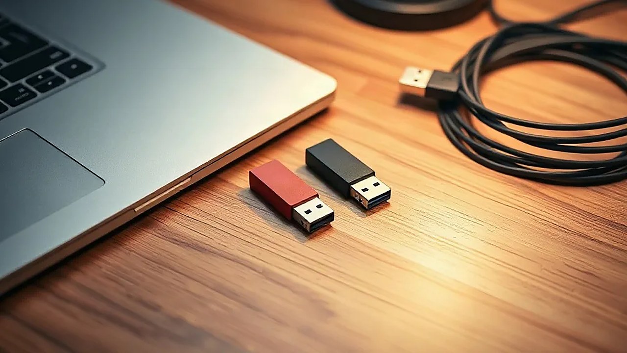 Ahşap masada dizüstü bilgisayarın yanında duran iki USB bellek; Windows USB geçmişinde iz bırakan diskler (Temsili görsel)