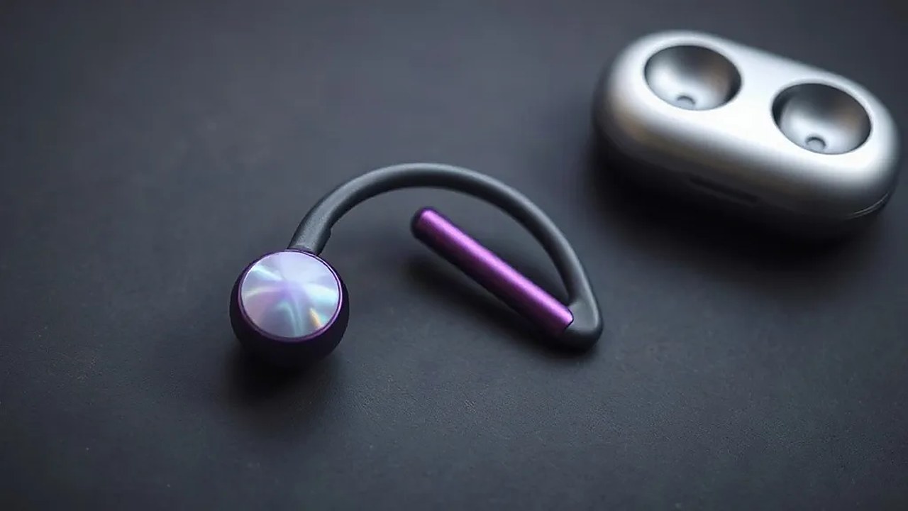 Vivo Buds Clip'e ait mor inci desenli tek kulaklığın kavisli klips kolu ve gri şarj yuvası (Temsili görsel)