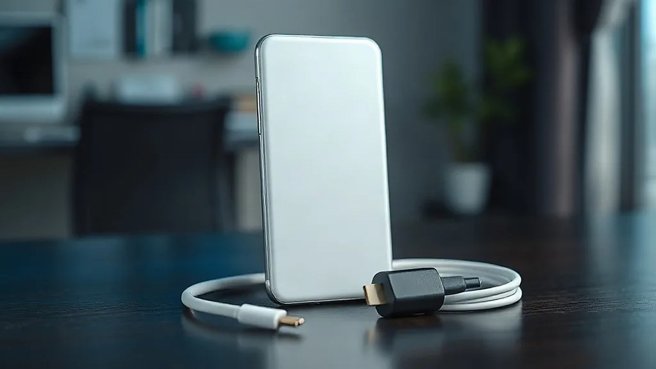 Vivo Y600i'yi andıran beyaz telefon, masada USB-C kablosu ve adaptörün yanında duruyor. (Temsili görsel)