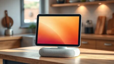 Apple HomeView kare ekranı mutfak tezgâhında kumaş kaplı hoparlör tabanı üzerinde eğimli duruyor (Temsili görsel)