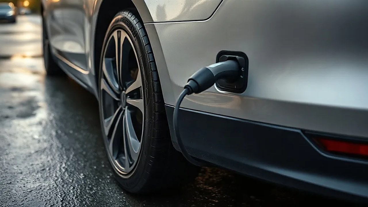 Elektrikli Jetta'nın arka tekerlek kemerindeki şarj girişi ve takılı şarj kablosu (Temsili görsel)