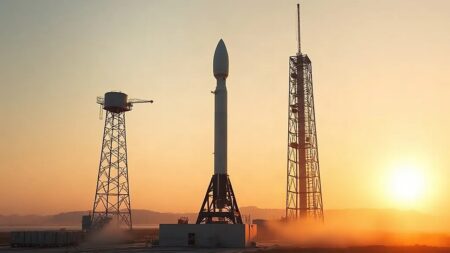 Falcon Heavy roketi ilk NRO görevine çıkıyor Rampa üzerinde dik duran beyaz fırlatma roketi ve gün doğumunda sis; Falcon Heavy roketi görev öncesi hazırlık (Temsili görsel)