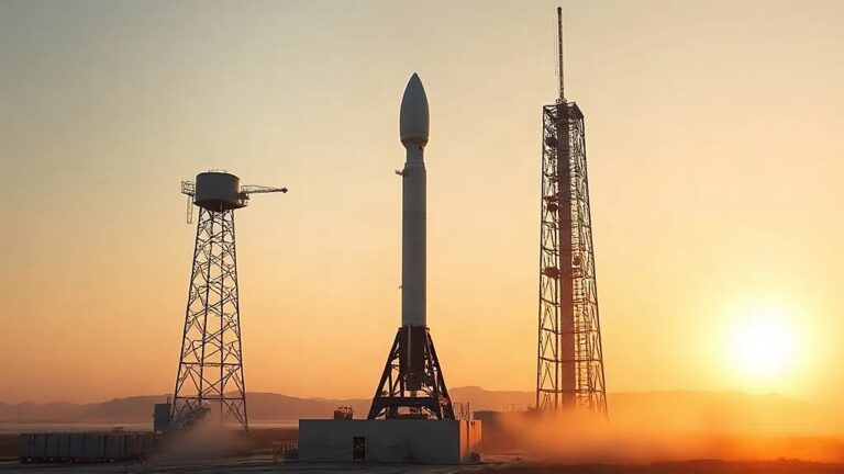 Falcon Heavy roketi ilk NRO görevine çıkıyor Rampa üzerinde dik duran beyaz fırlatma roketi ve gün doğumunda sis; Falcon Heavy roketi görev öncesi hazırlık (Temsili görsel)