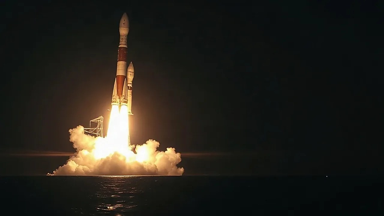 Gece gökyüzünde iki yan boosteri ve üç motor alevi görünen ağır yük roketi; Falcon Heavy roketi NROL-97 fırlatması (Temsili görsel)