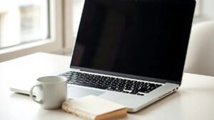 Masada açık duran dizüstü bilgisayarın koyu renkli boş ekranı, yanında defter ve kahve; Linux konteynerleri için Windows 11 geliştirici kurulumu (Temsili görsel)