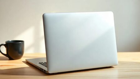 MacBook Pro dokunmatik ekran modelinin gümüş alüminyum kapağı ve ince gövdesi, ahşap masada arkadan görünüm (Temsili görsel)