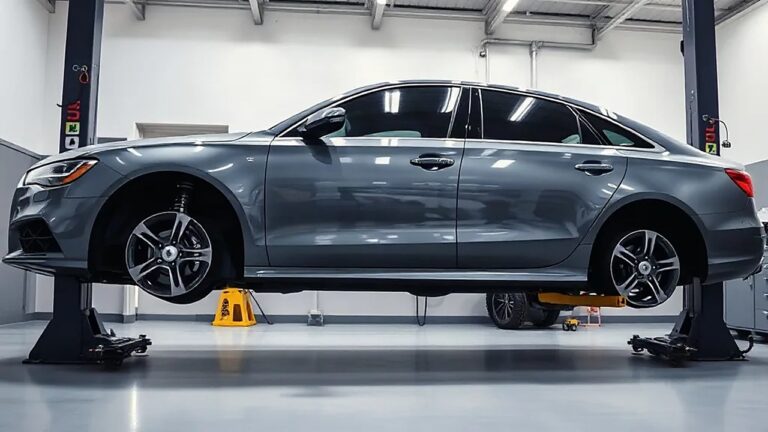 Mercedes fren hortumu için 30.064 araç geri çağrıldı Mercedes fren hortumu değişimi için servis liftine alınmış koyu renkli lüks sedan (Temsili görsel)