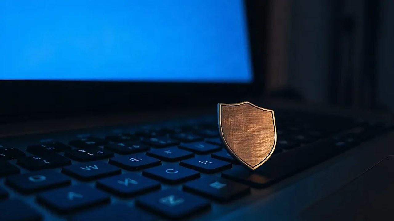 Klavyenin üzerinde duran metal kalkan rozeti, Microsoft Defender'ın temsili görünümü (Temsili görsel)