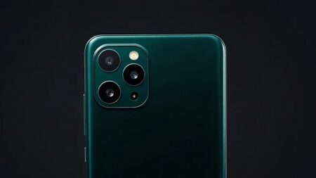 Koyu yeşil OnePlus 16'nın kare kamera adası ve üç lensi, koyu gri zemin üzerinde (Temsili görsel)