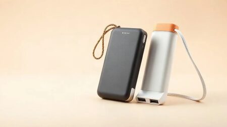 Bej zeminde duran iki Oppo power bank: grafit gövde ve şeftali kapaklı beyaz model (Temsili görsel)