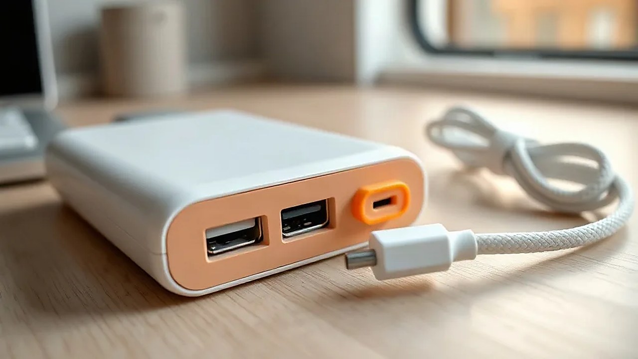 Oppo power bank gövdesinin alt kenarındaki USB-A ve USB-C portları ile örgülü kablo (Temsili görsel)