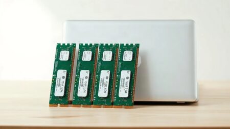 PC satışları %20 düştü: bellek fiyatı vurdu PC satışları gerilerken ahşap masada kapalı dizüstü bilgisayarın önünde duran dört RAM bellek modülü (Temsili görsel)