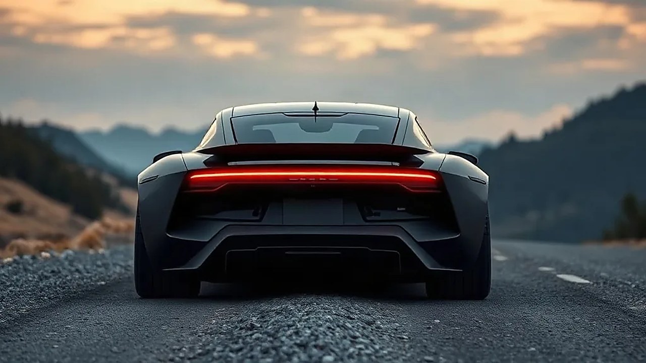 Dağ yolunda kırmızı arka ışık çubuğu ve geniş çamurluklarıyla Peugeot e-T16'nın arka görünümü (Temsili görsel)