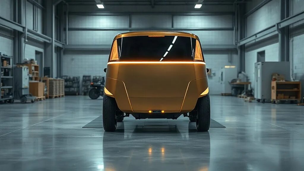 Şampanya altını renginde Tesla Cybercab arkadan görünüm: tam genişlikte ince LED ışık çubuğu ve arka camı olmayan gövde (Temsili görsel)