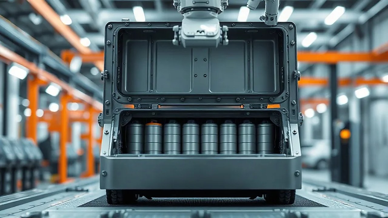 Tesla Cybercab'ın batarya paketi: çelik muhafazanın açık kapağı altında silindirik 4680 hücreler ve üstünde robot kol (Temsili görsel)