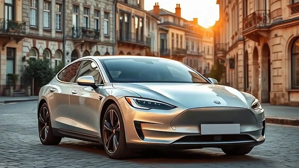 Tesla FSD yazılımıyla donatılan gümüş sedan, Avrupa'da taş binaların önünde (Temsili görsel)