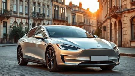 Tesla FSD yazılımıyla donatılan gümüş sedan, Avrupa'da taş binaların önünde (Temsili görsel)