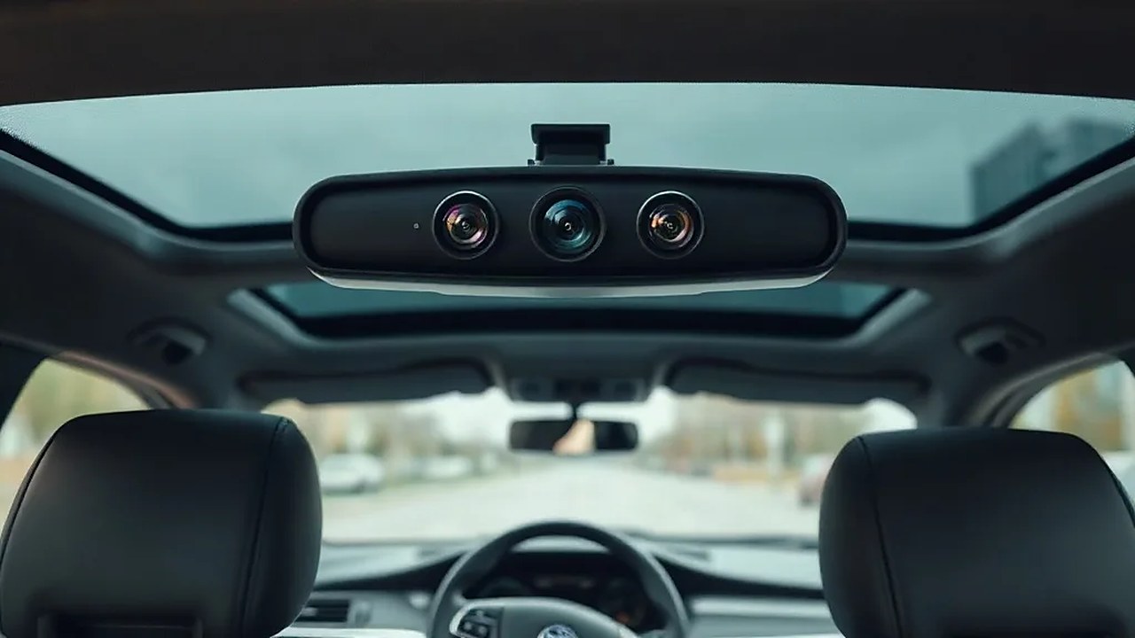 Tesla FSD'nin önündeki üç lensli kamera modülü, araç içinden ön camda (Temsili görsel)