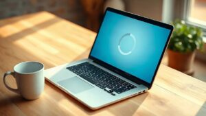 Ahşap masada açık duran gümüş dizüstü: ekranda Windows 11 26H2 güncellemesinin bulanık ilerleme halkası (Temsili görsel)