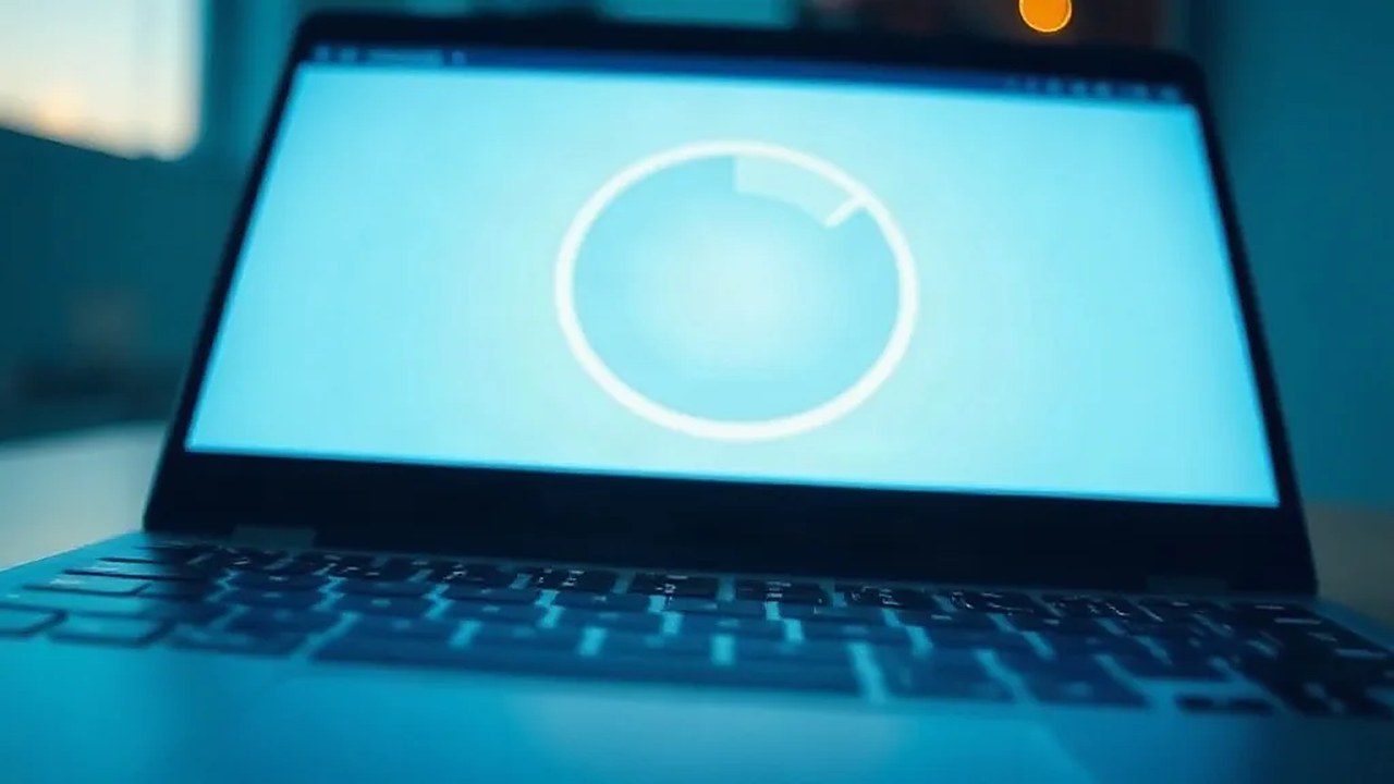 Windows 11 26H2 güncelleme ekranı: mavi zeminde beyaz ilerleme halkası, dizüstü ekranına yakın çekim (Temsili görsel)