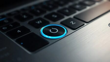 Windows 11 yeniden başlat işlemi için dizüstü bilgisayarın mavi ışıklı yuvarlak güç düğmesi, yakın çekim (Temsili görsel)