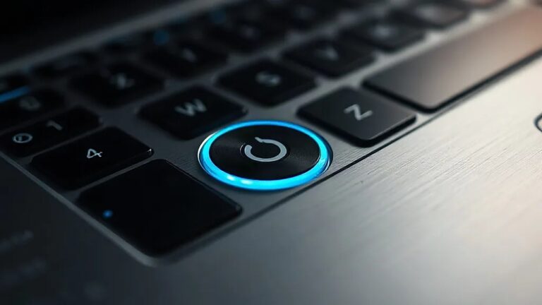 Windows 11 yeniden başlat işlemi için dizüstü bilgisayarın mavi ışıklı yuvarlak güç düğmesi, yakın çekim (Temsili görsel)
