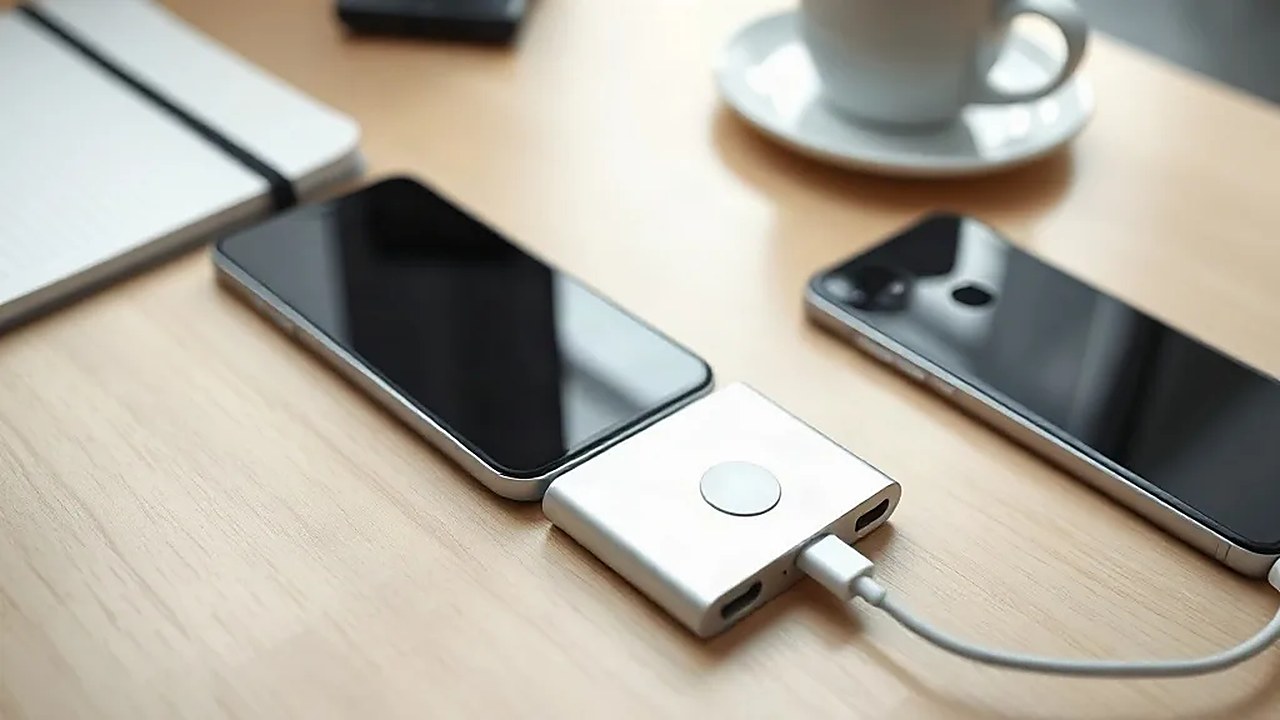 Ahşap masa üzerinde iki telefonun yanında duran Xiaomi manyetik powerbank ve bağlı şarj kablosu (Temsili görsel)